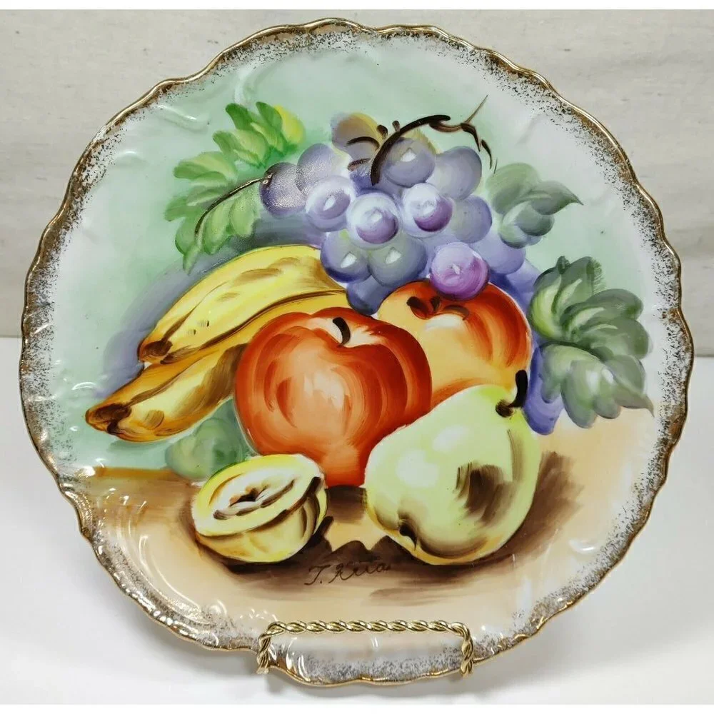 Vintage Hand Painted Fruit Design Gold Rim Scalloped Edge Salad Dessert Plate